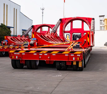 Red heavy-duty trailers with large circular openings.
