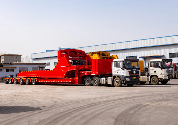 Several heavy-duty trucks parked outside a building.