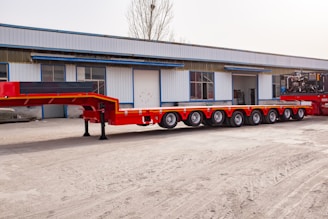 Red heavy-duty multi-axle trailer parked outside building