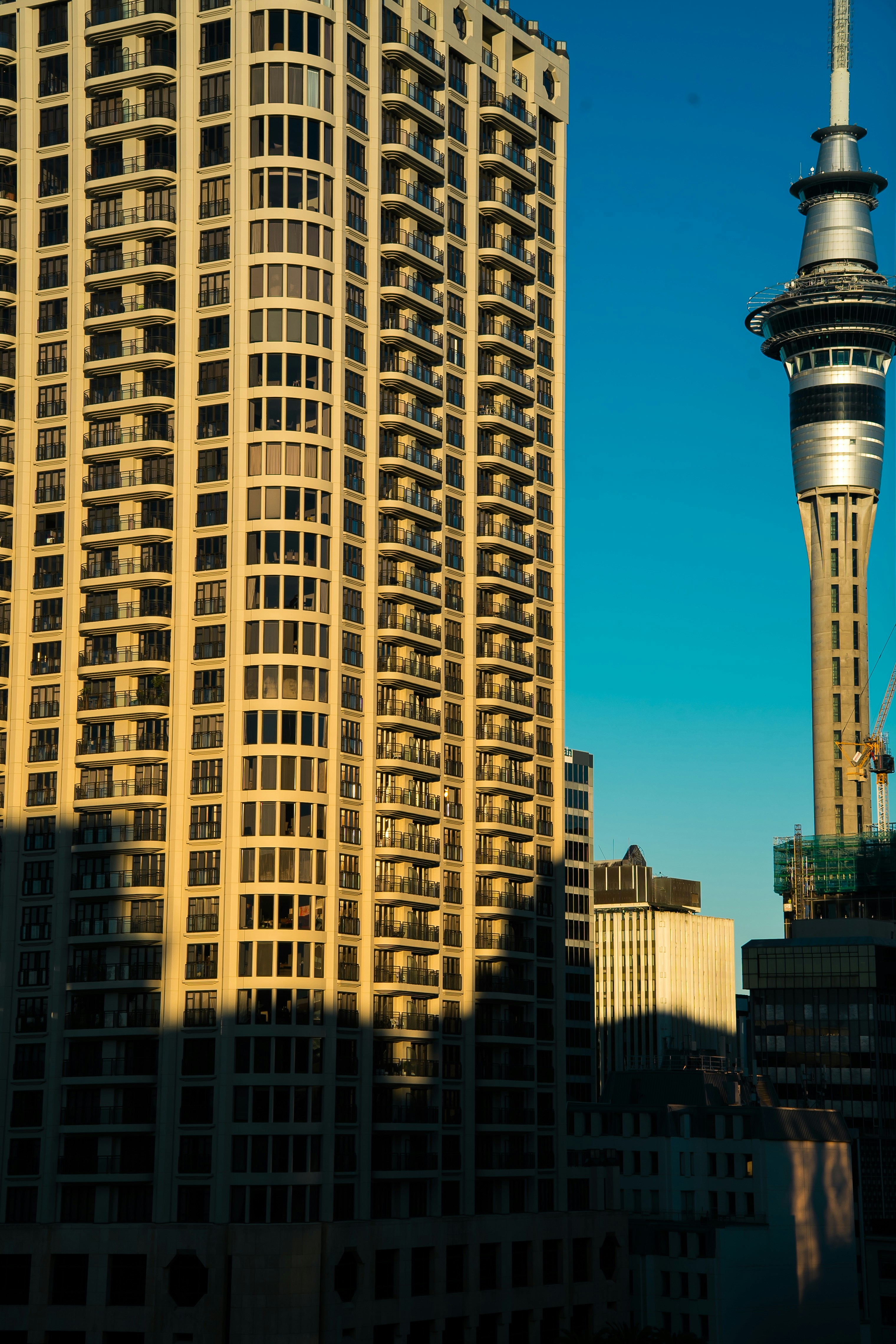 Tall modern building next to a distinctive observation tower.