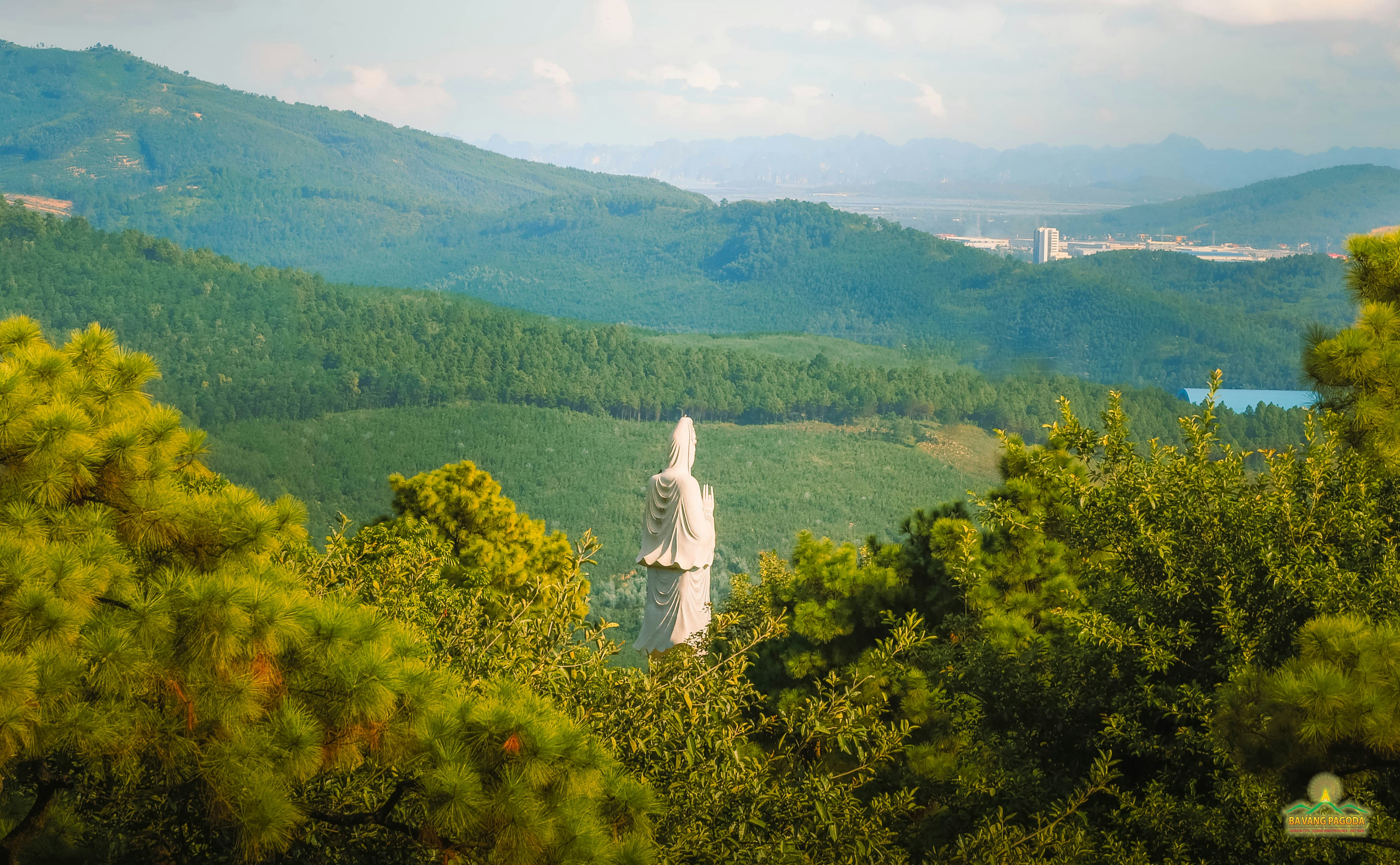 Statue amidst lush green mountains and trees