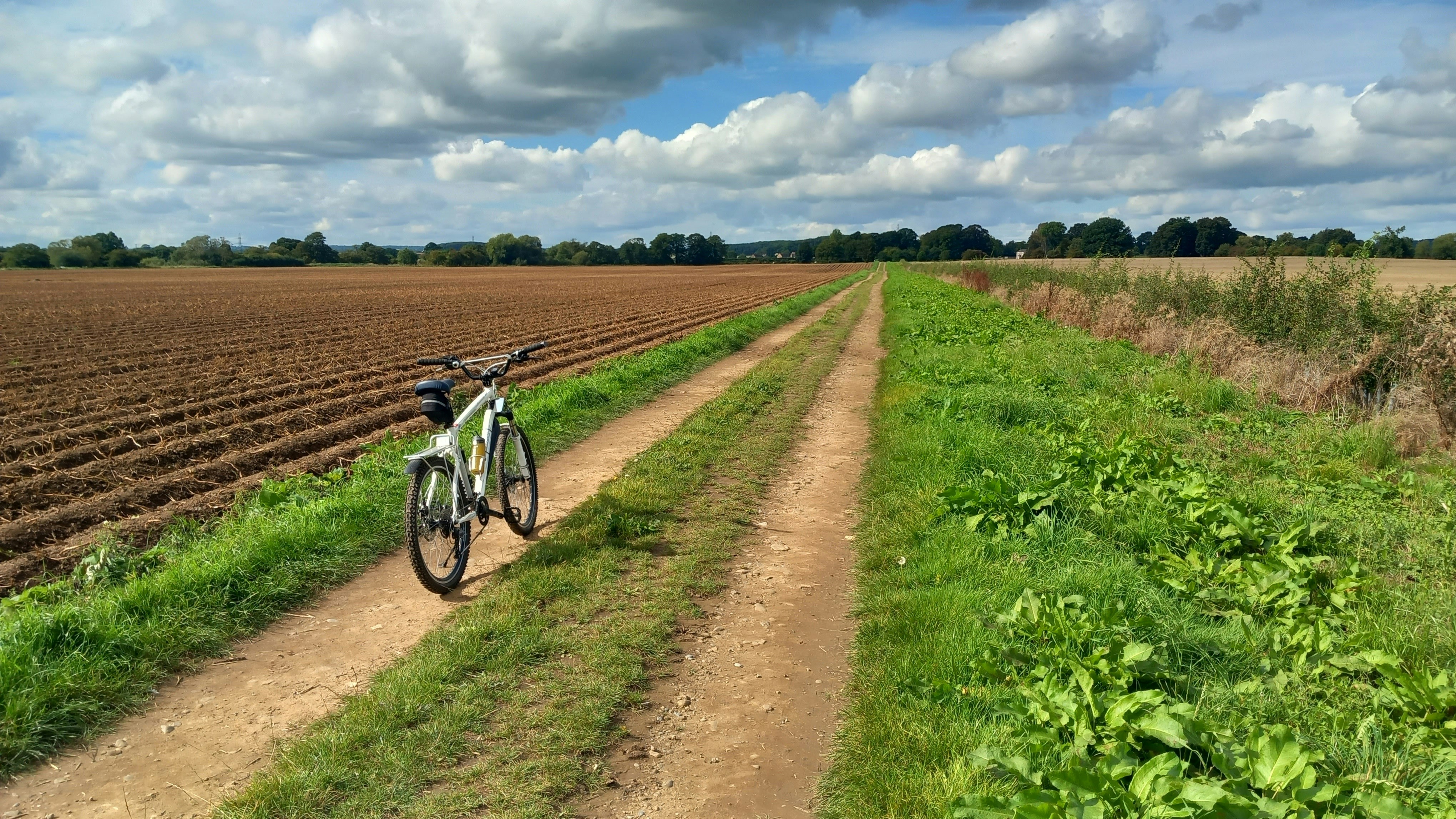 Bicycle parked on a dirt path through fields