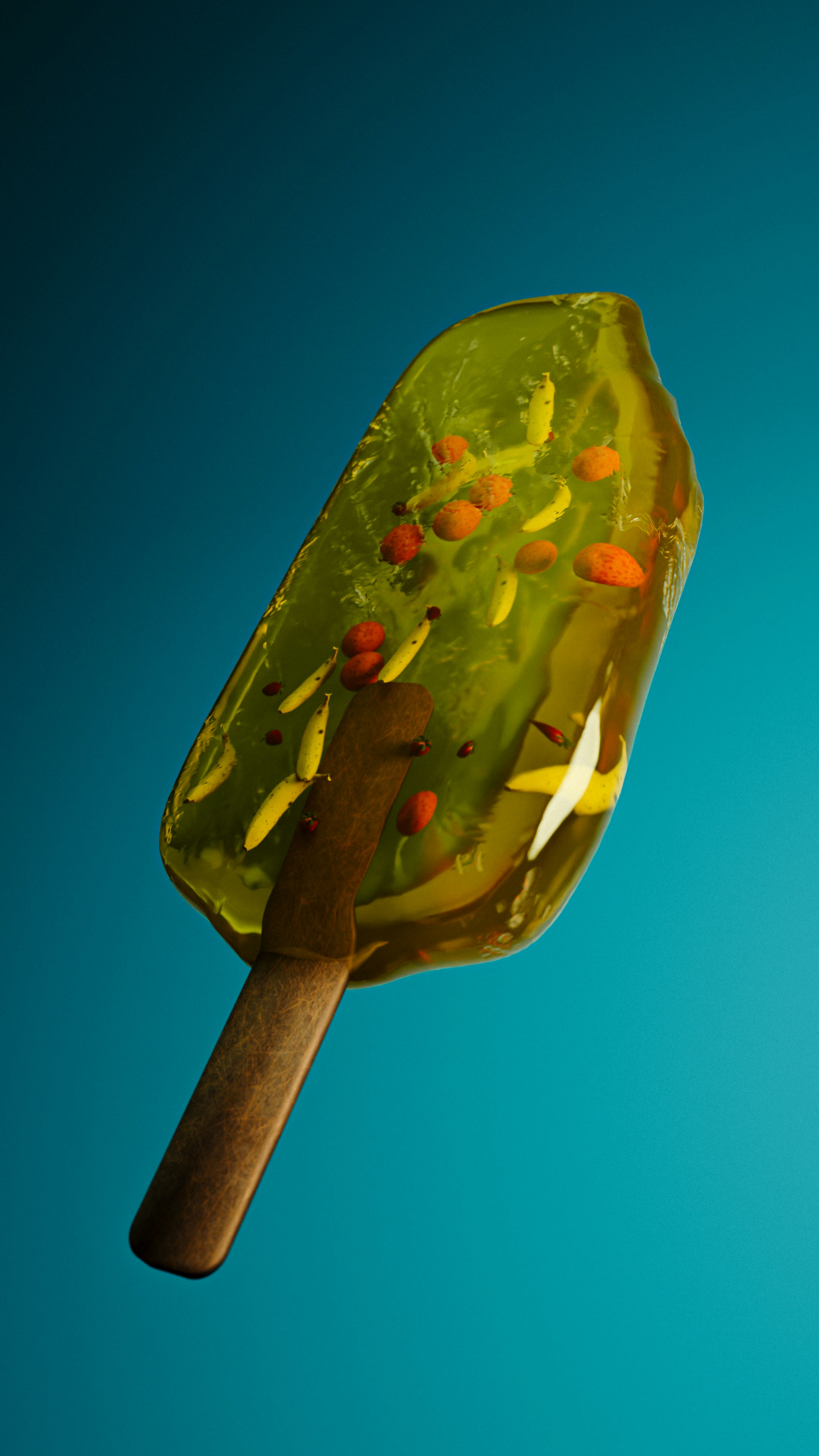 Green popsicle with fruit pieces on a blue background