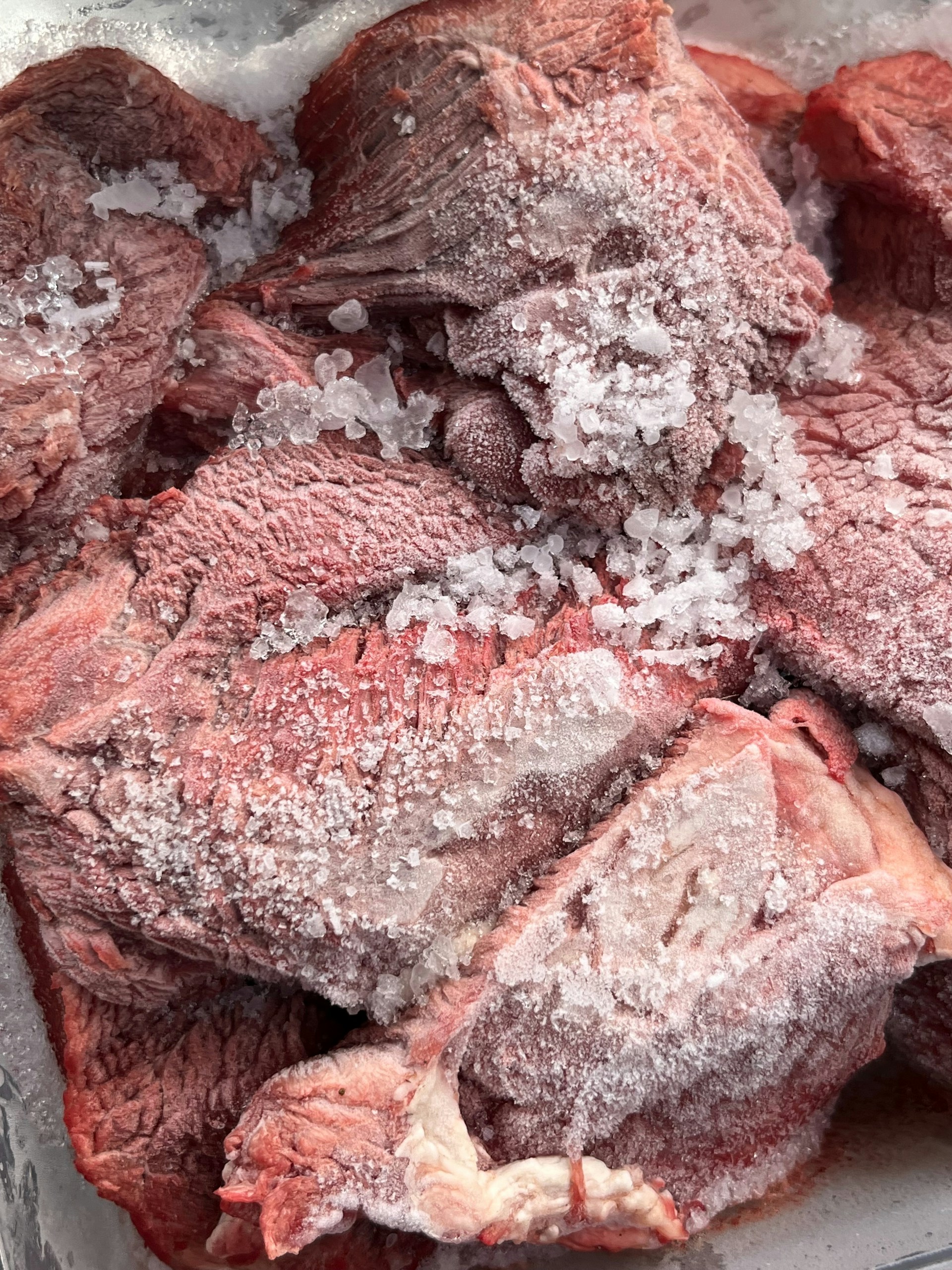 Raw frozen meat with ice crystals