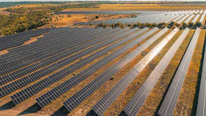 Vast solar panel array in a dry, grassy field.