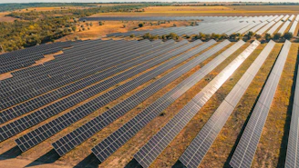 Vast solar panel array in a dry, grassy field.