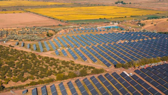 Aerial view of a large solar panel farm in a rural landscape.
