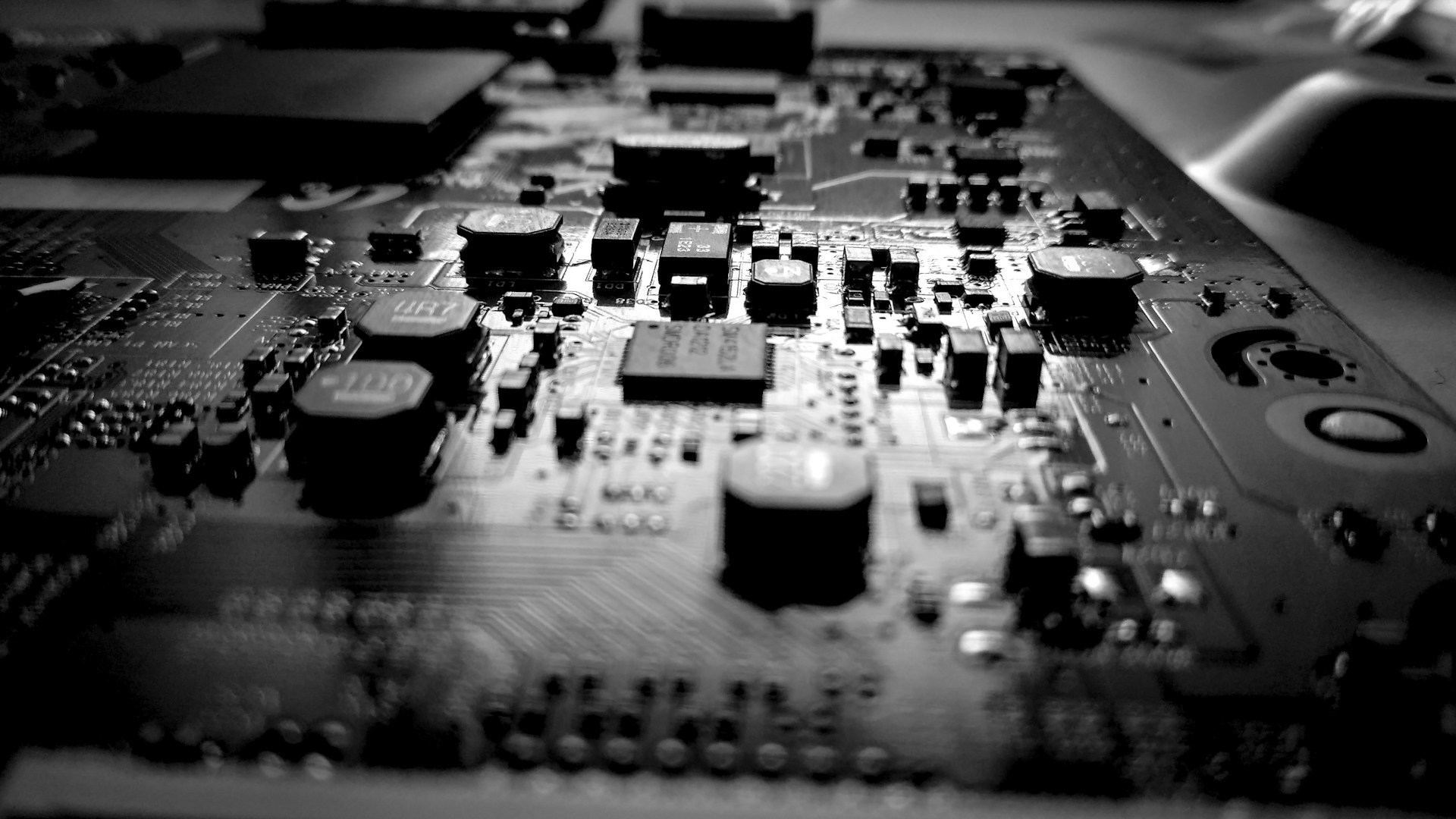 Close-up of a complex electronic circuit board