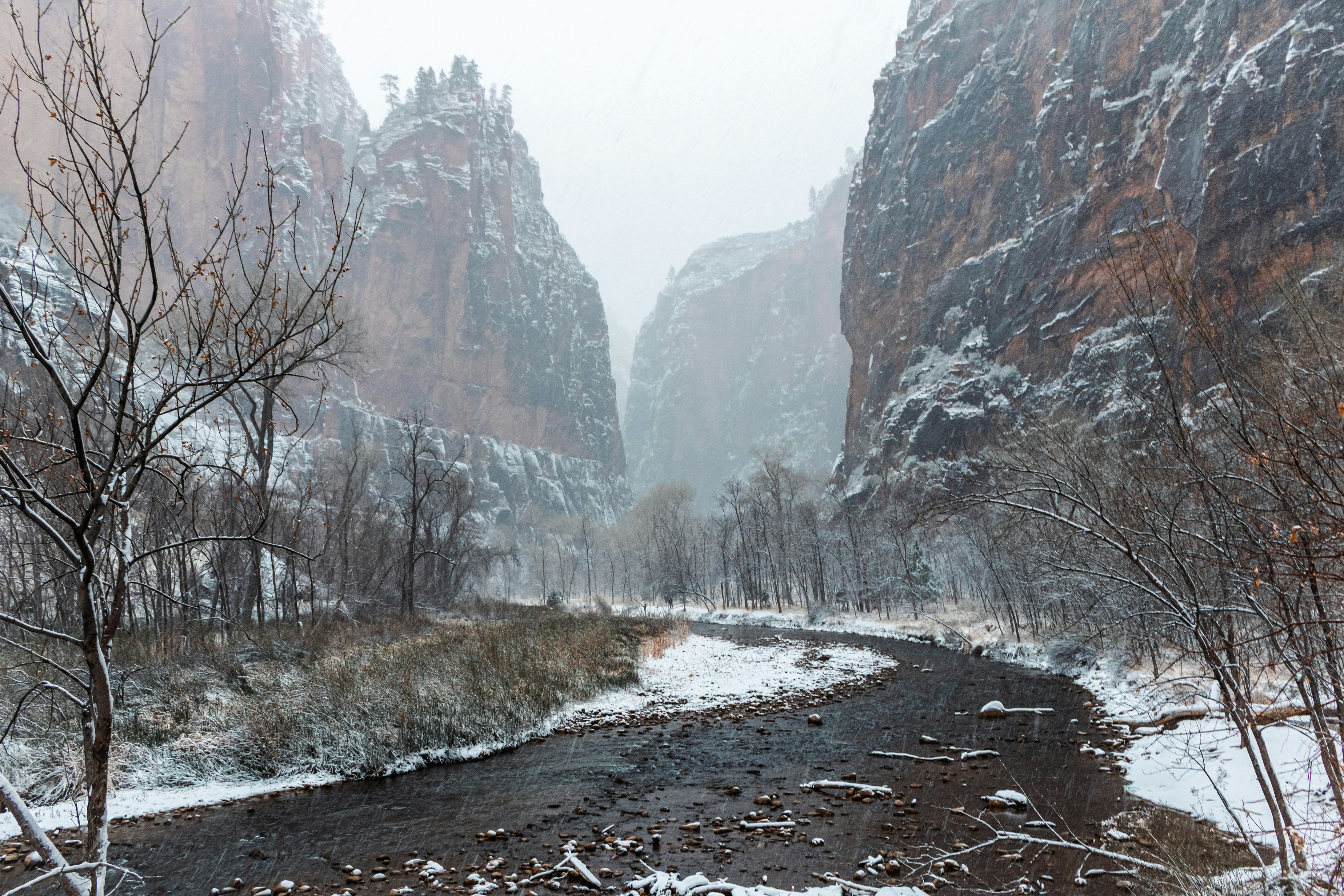 Snowy canyon with a winding river and bare trees photo – Free Mountains  Image on Unsplash, image size:3000x2000