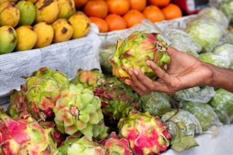 Hand selecting fresh dragon fruit at a market stall.
