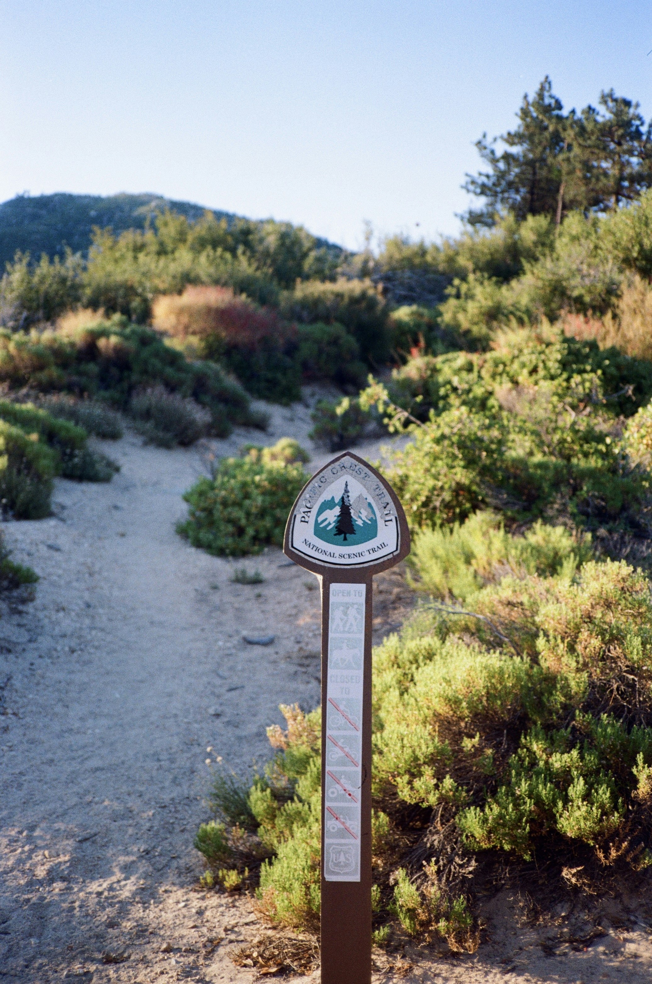 Pacific crest trail signpost in a dry, brushy landscape