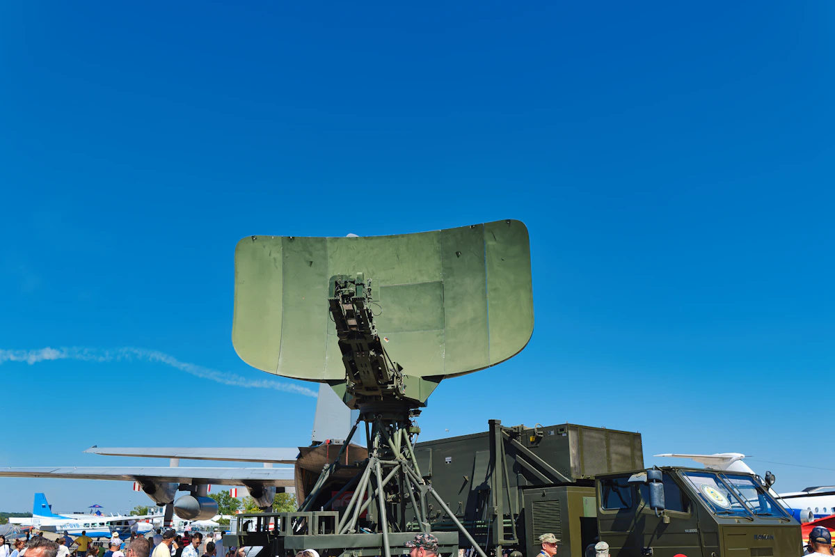 Military radar dish photographed in Bucharest in 2025