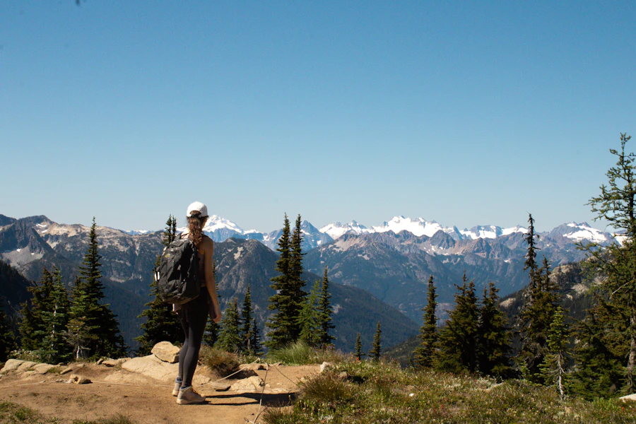 Traveler hiking with snow-capped mountains in the background