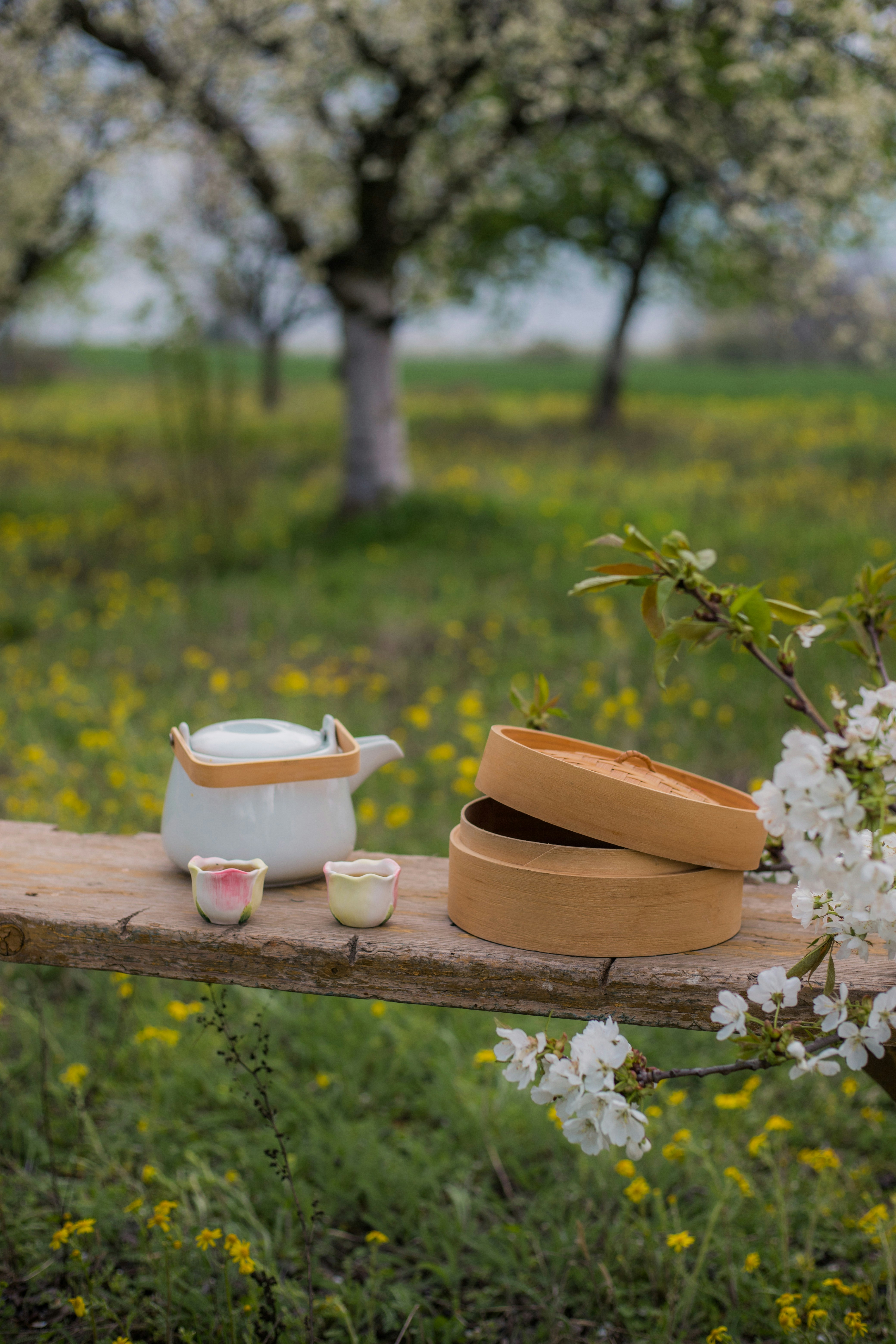 Servizio da tè su una tavola di legno con alberi in fiore