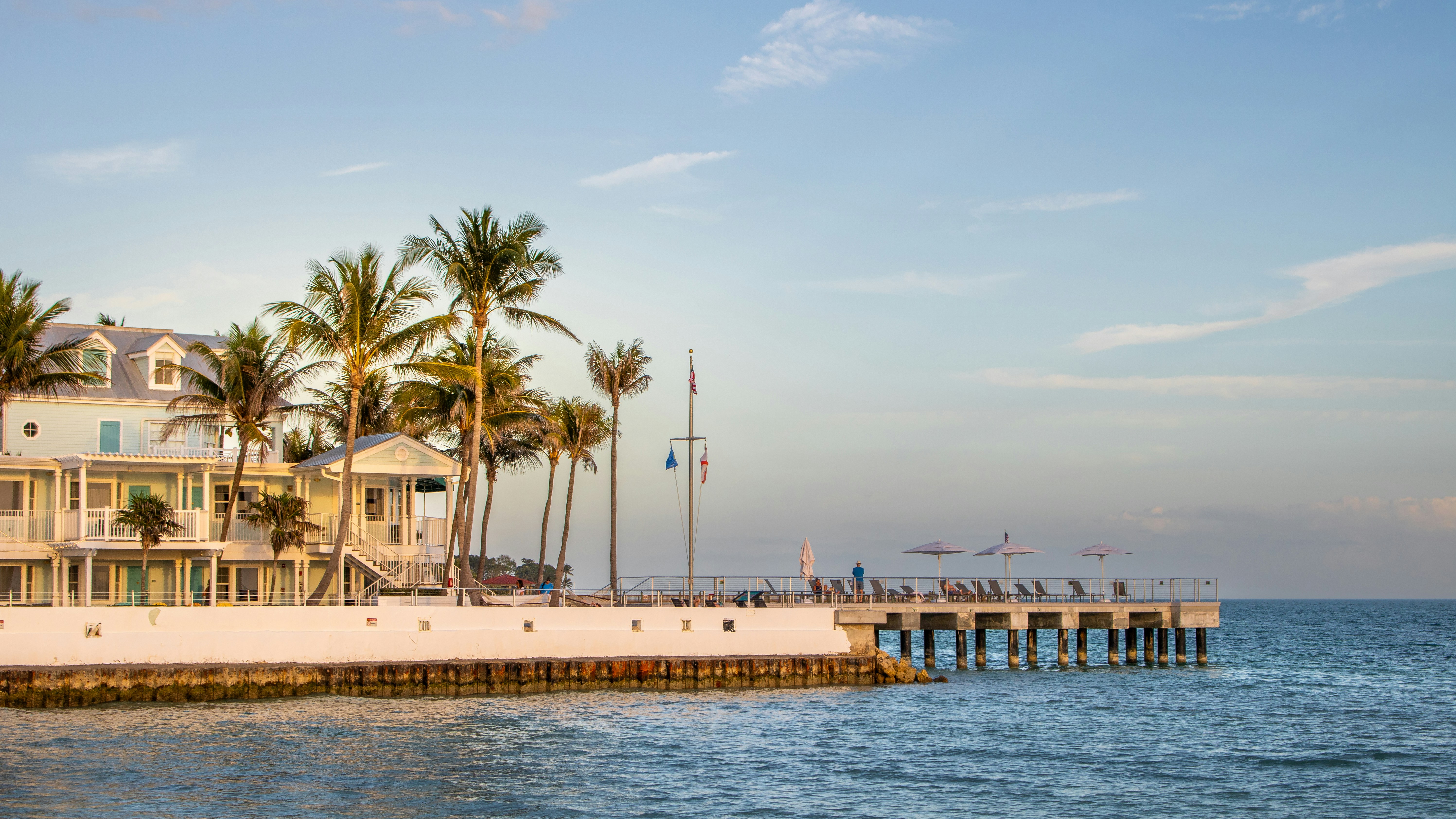 Beachfront buildings and pier with palm trees and ocean.