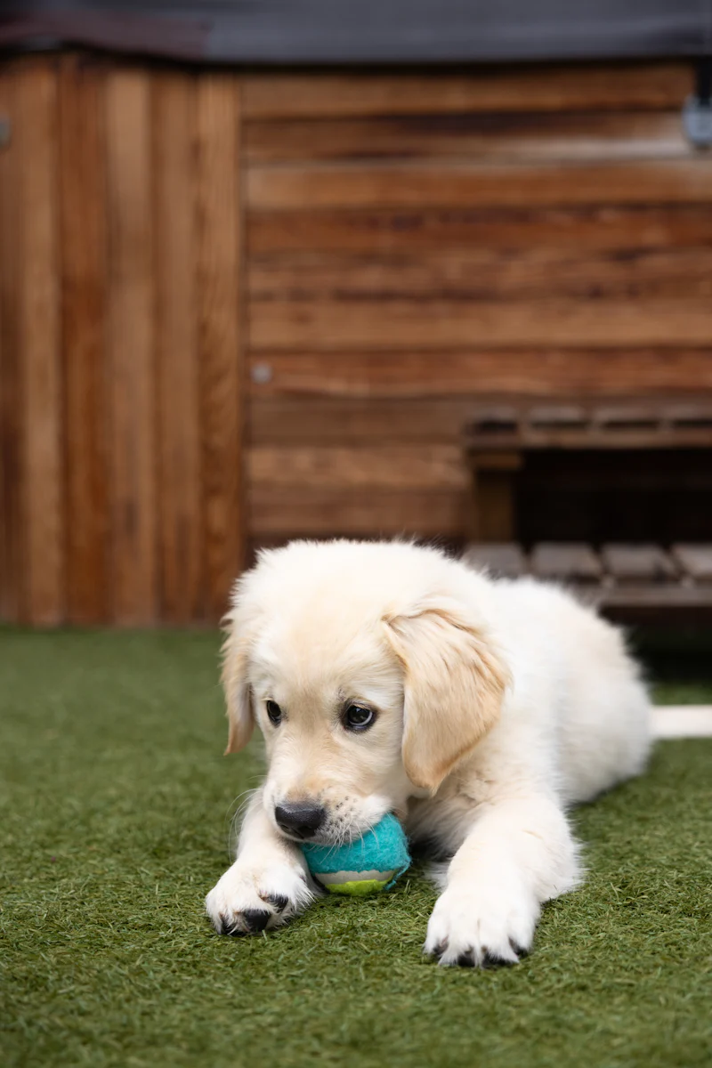 Golden Retriever yavrusu oyuncağını ısırıyor
