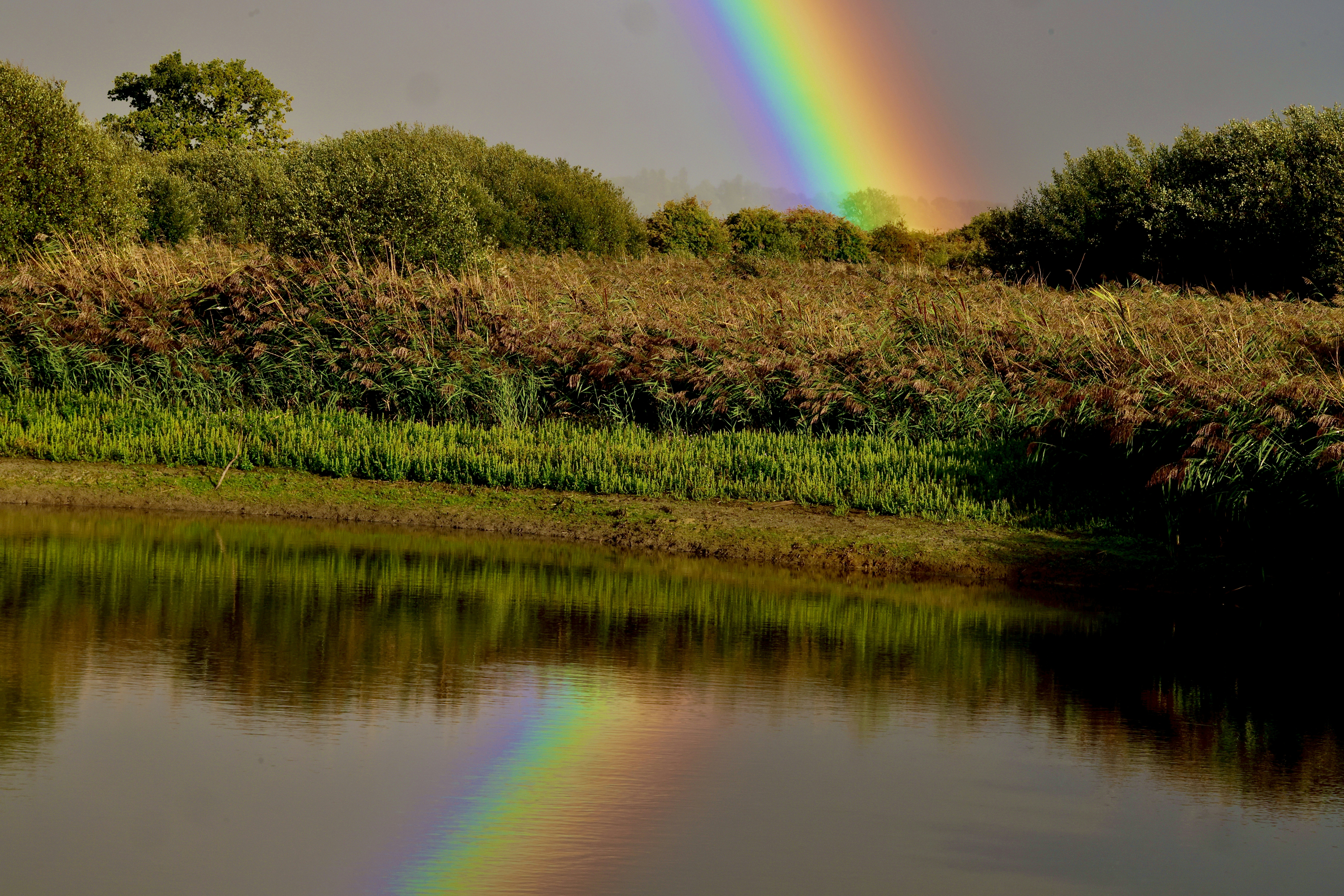 A rainbow arcs over a tranquil body of water.