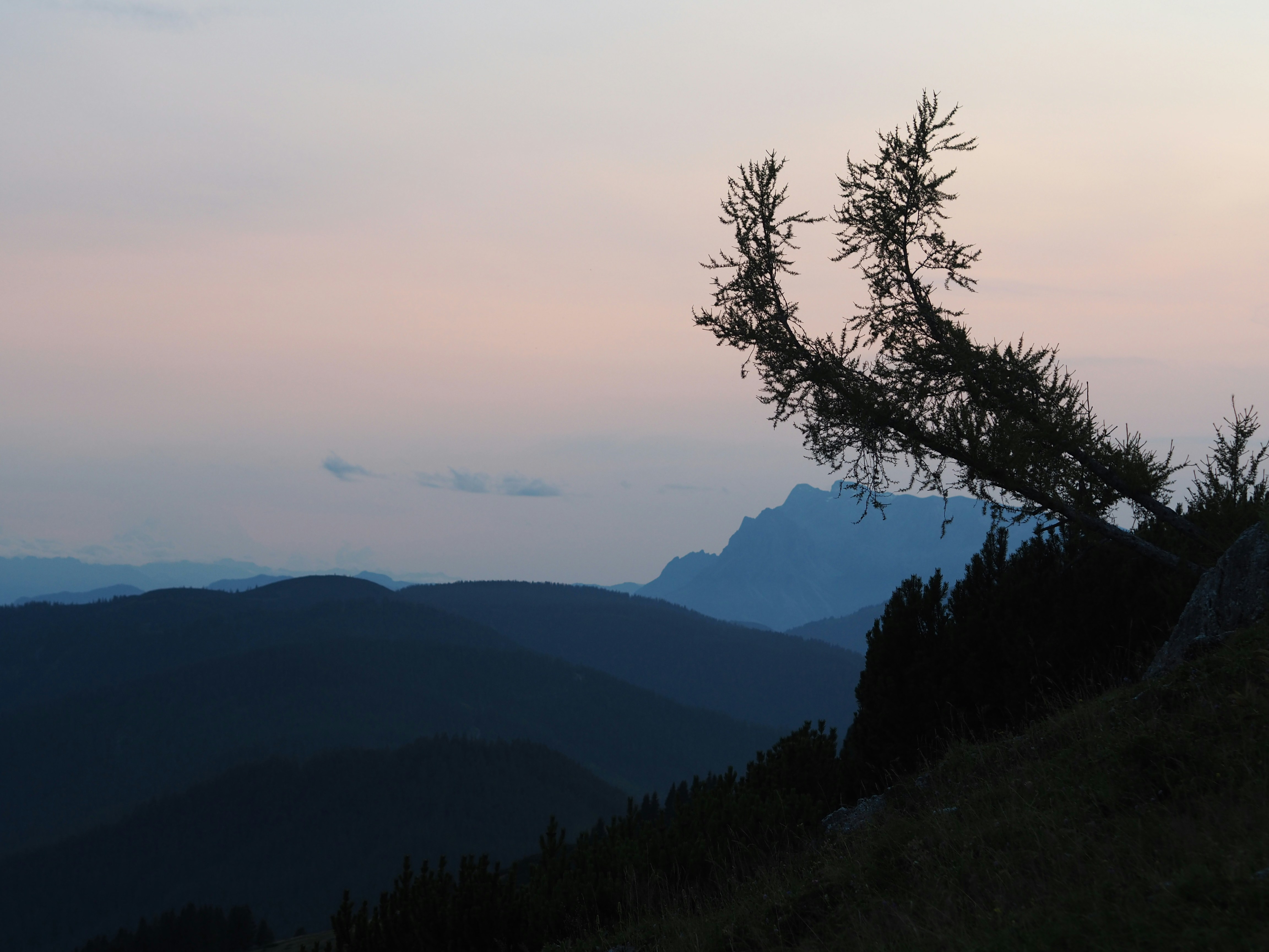 Dusk sky over layered mountain ranges with lone tree