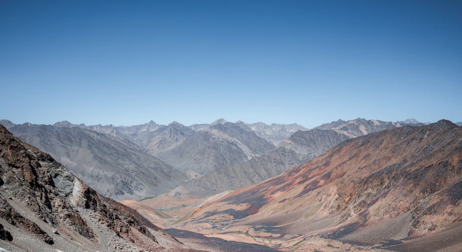 Vast mountain range under a clear blue sky