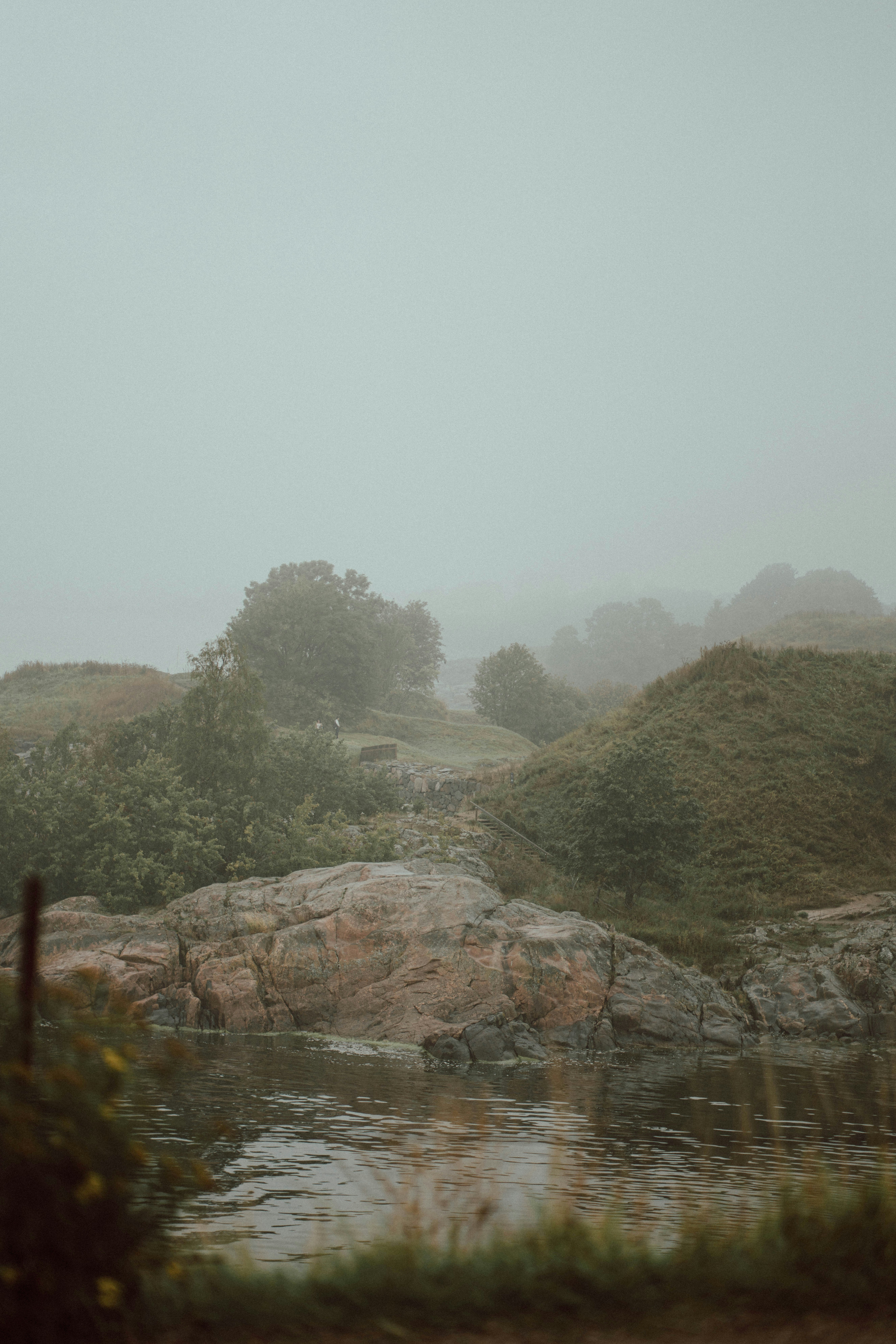 Misty landscape with rocks and trees by water