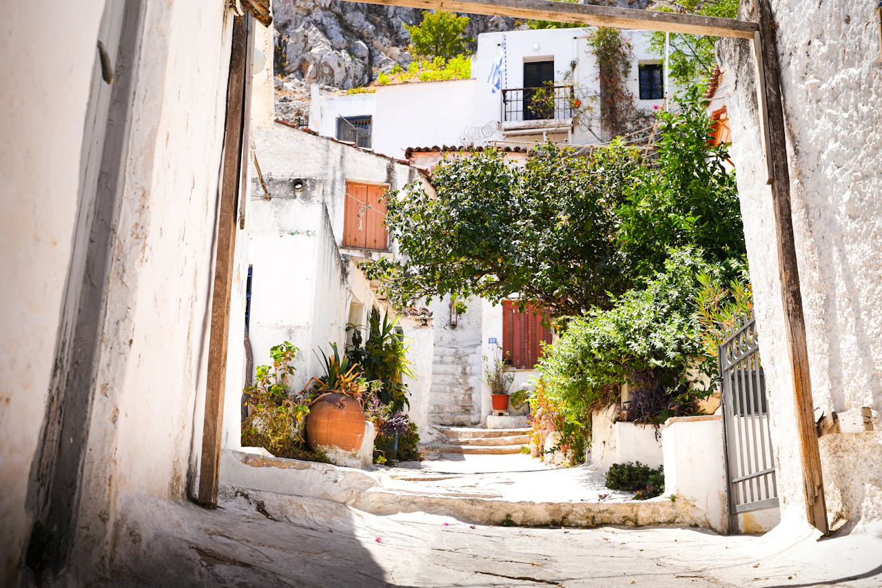 A whitewashed alley in Anafiotika, Athens
