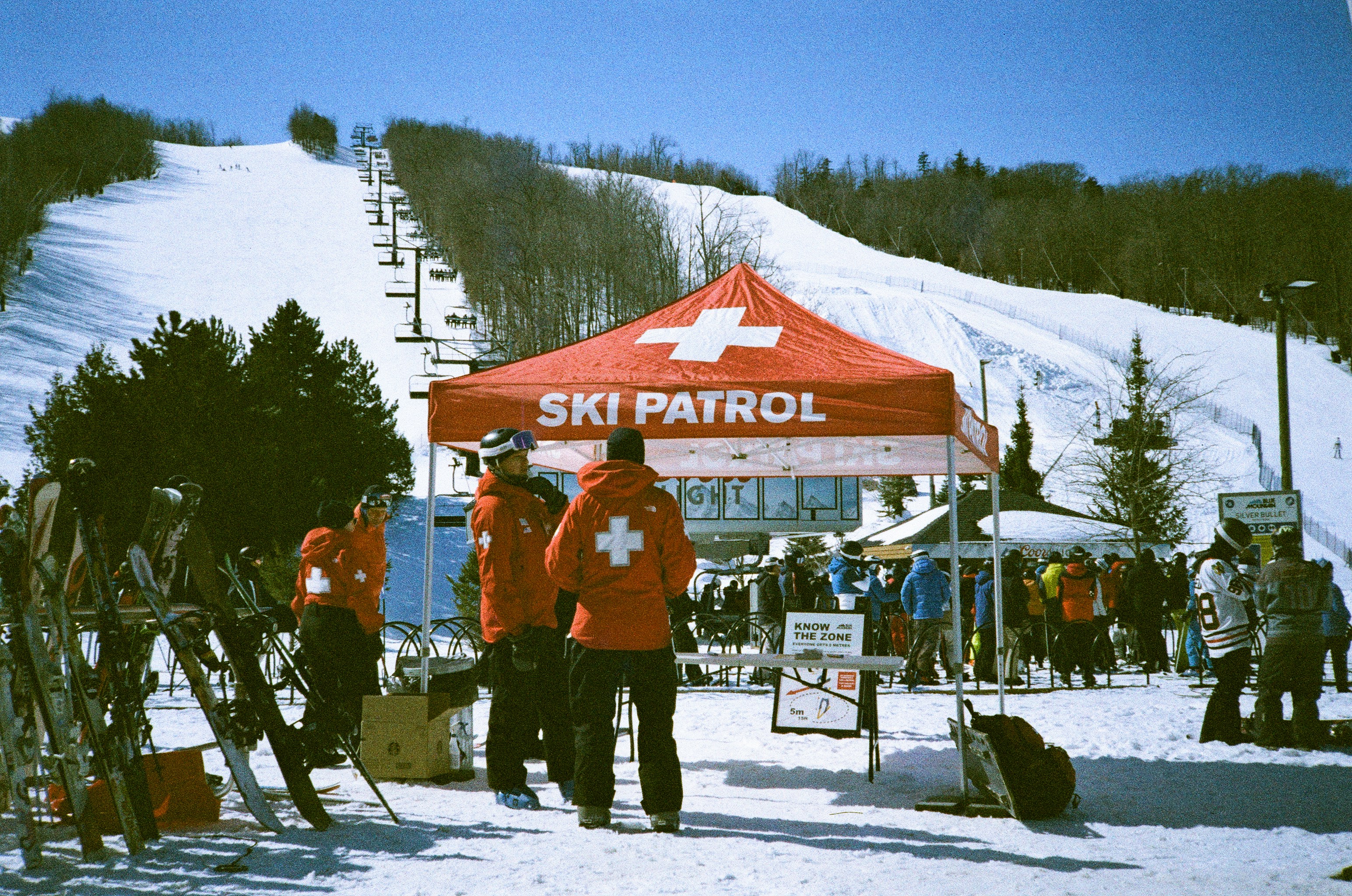 Ski patrol tent at a snowy mountain ski resort