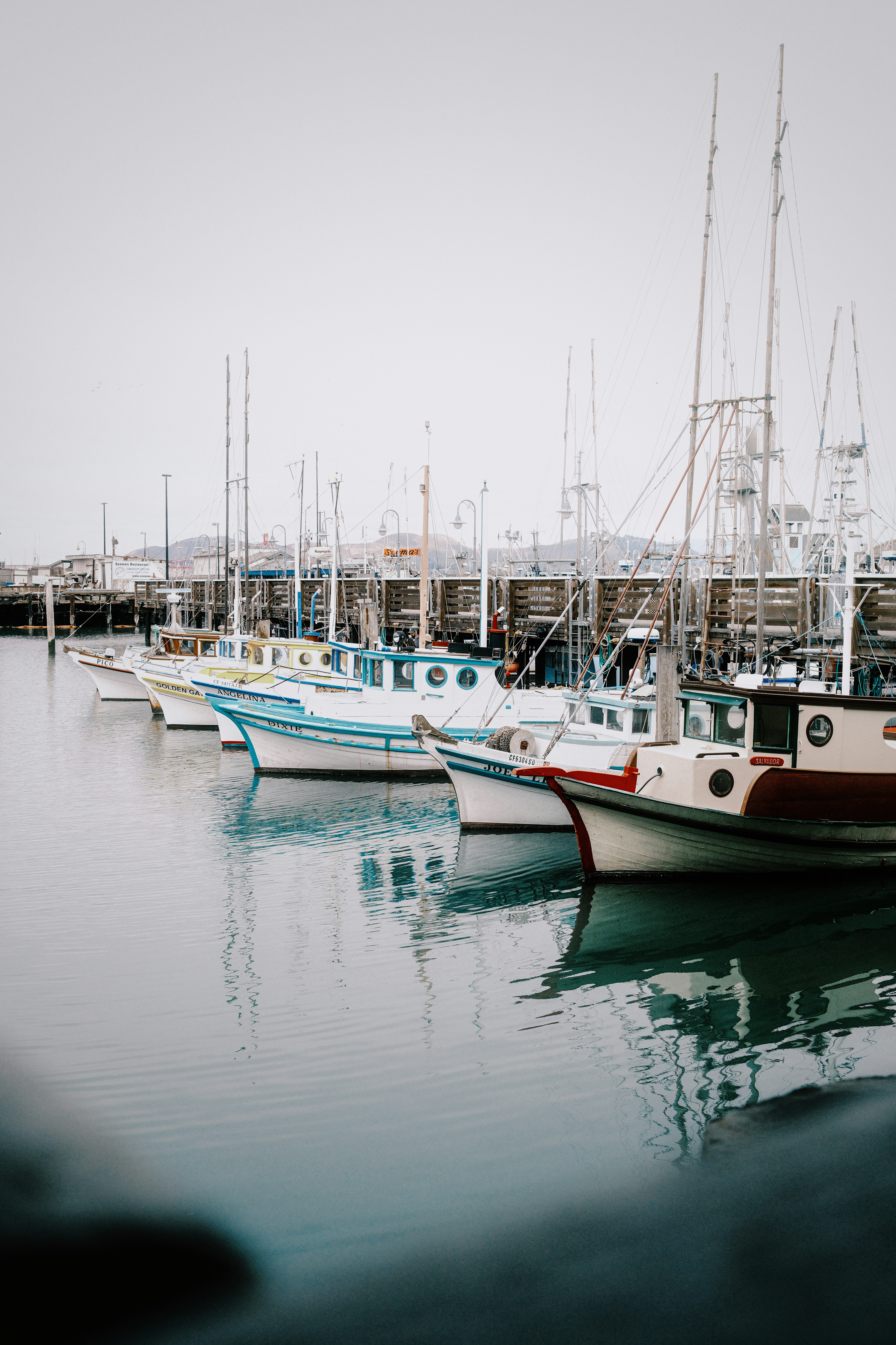 Fishing boats docked in a calm harbor on an overcast day.