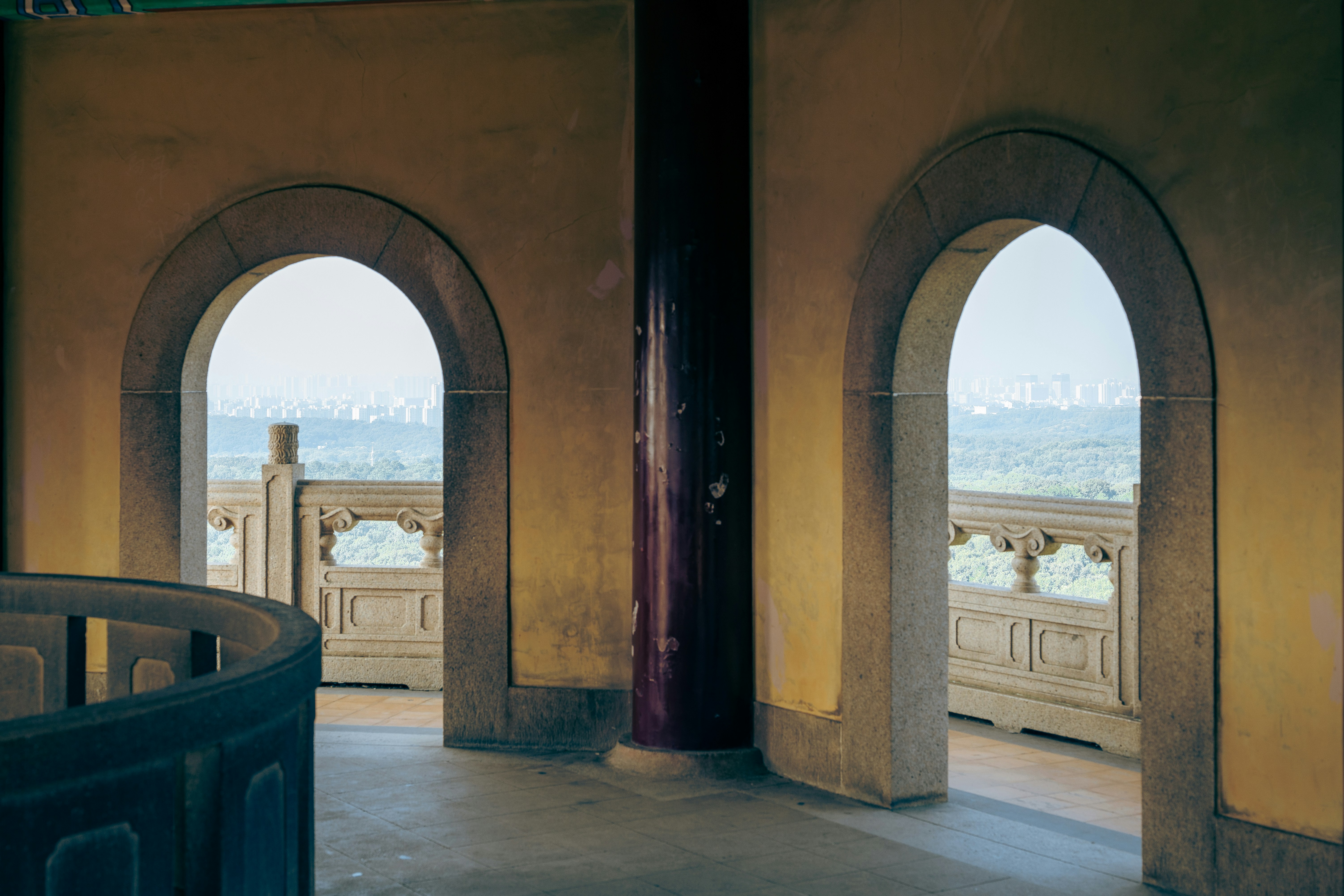 Looking out from inside the Linggu Temple pagoda