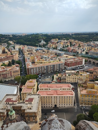 Aerial view of a european city with historic buildings.