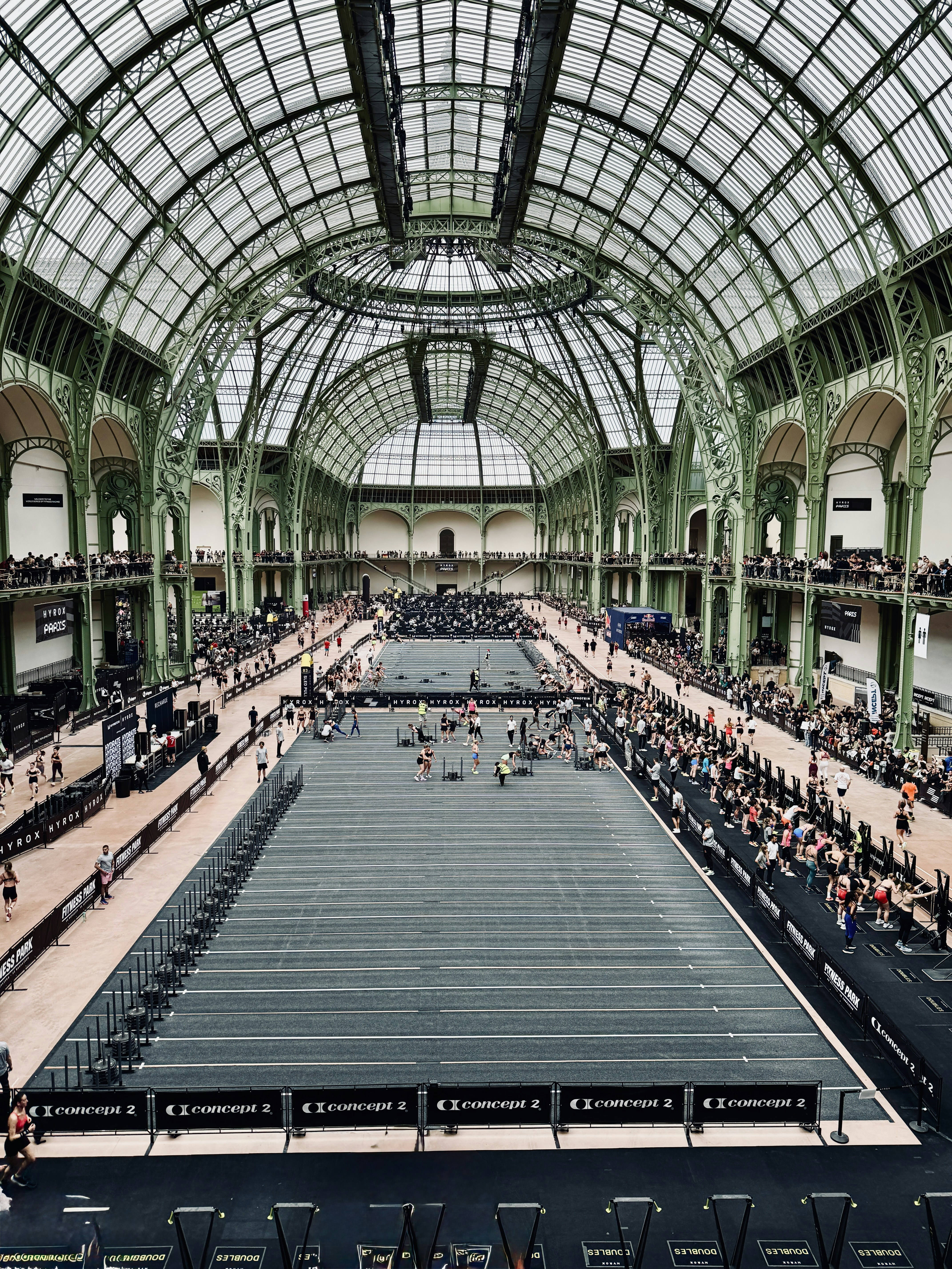 Large indoor venue with athletic competition setup