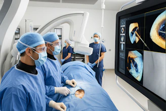 Surgeons in blue scrubs operate on a patient with monitors displaying medical data.