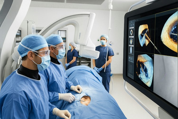 A surgeon seated at a robotic surgery console monitoring a procedure display