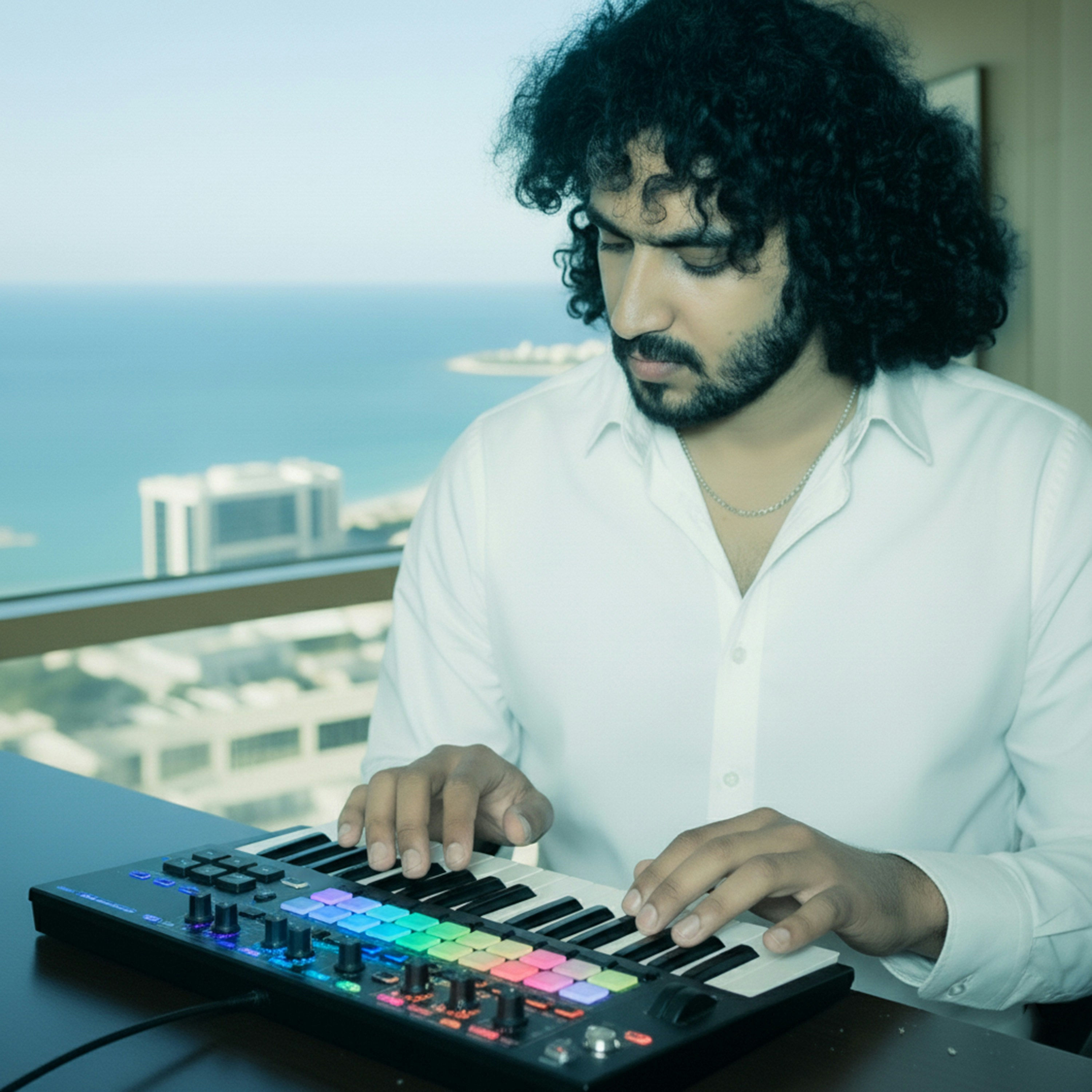 Man playing a colorful keyboard by the window