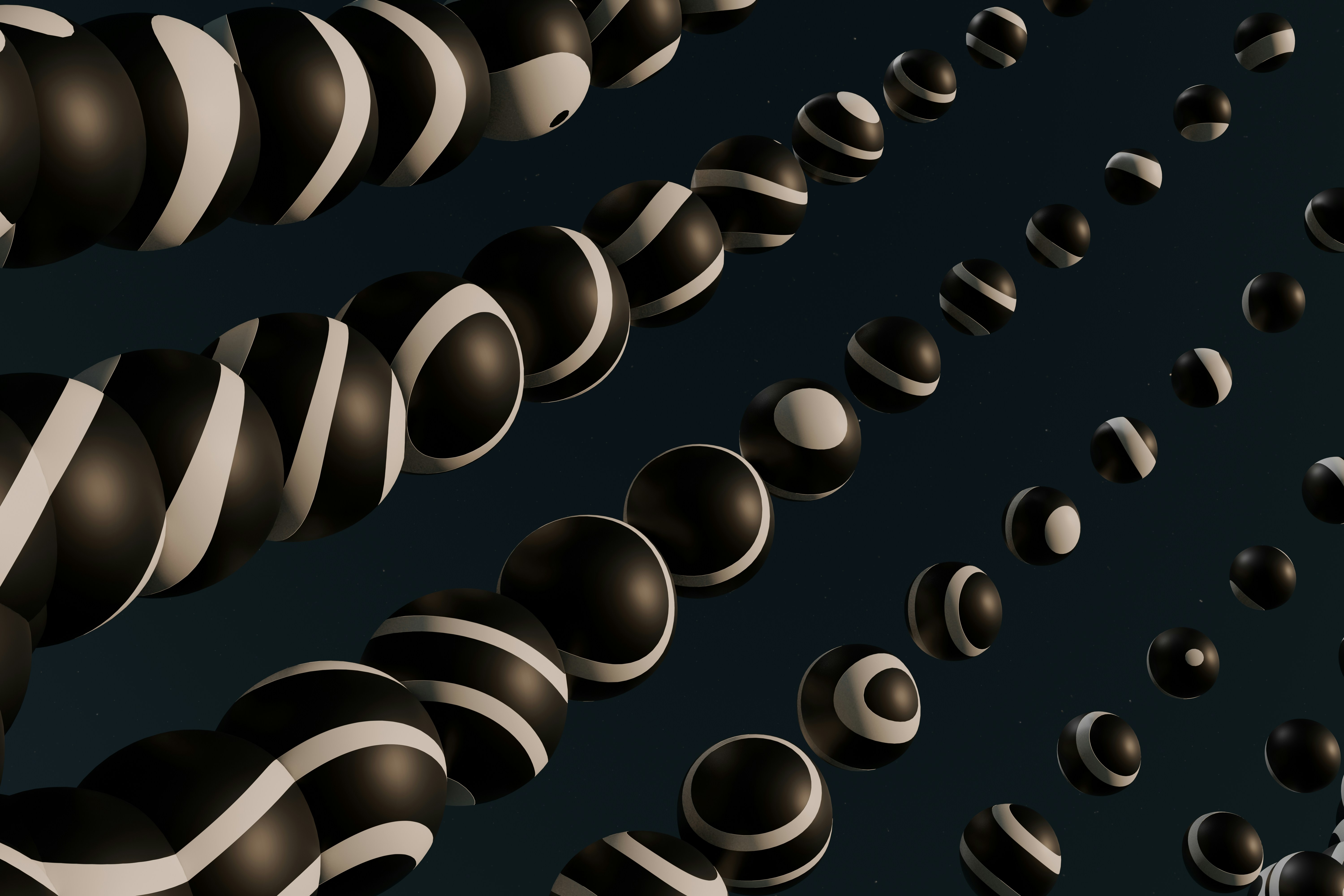 Rows of striped black and white spheres receding into the distance