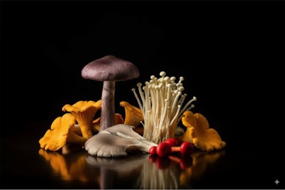 Assortment of fresh mushrooms on a dark surface.
