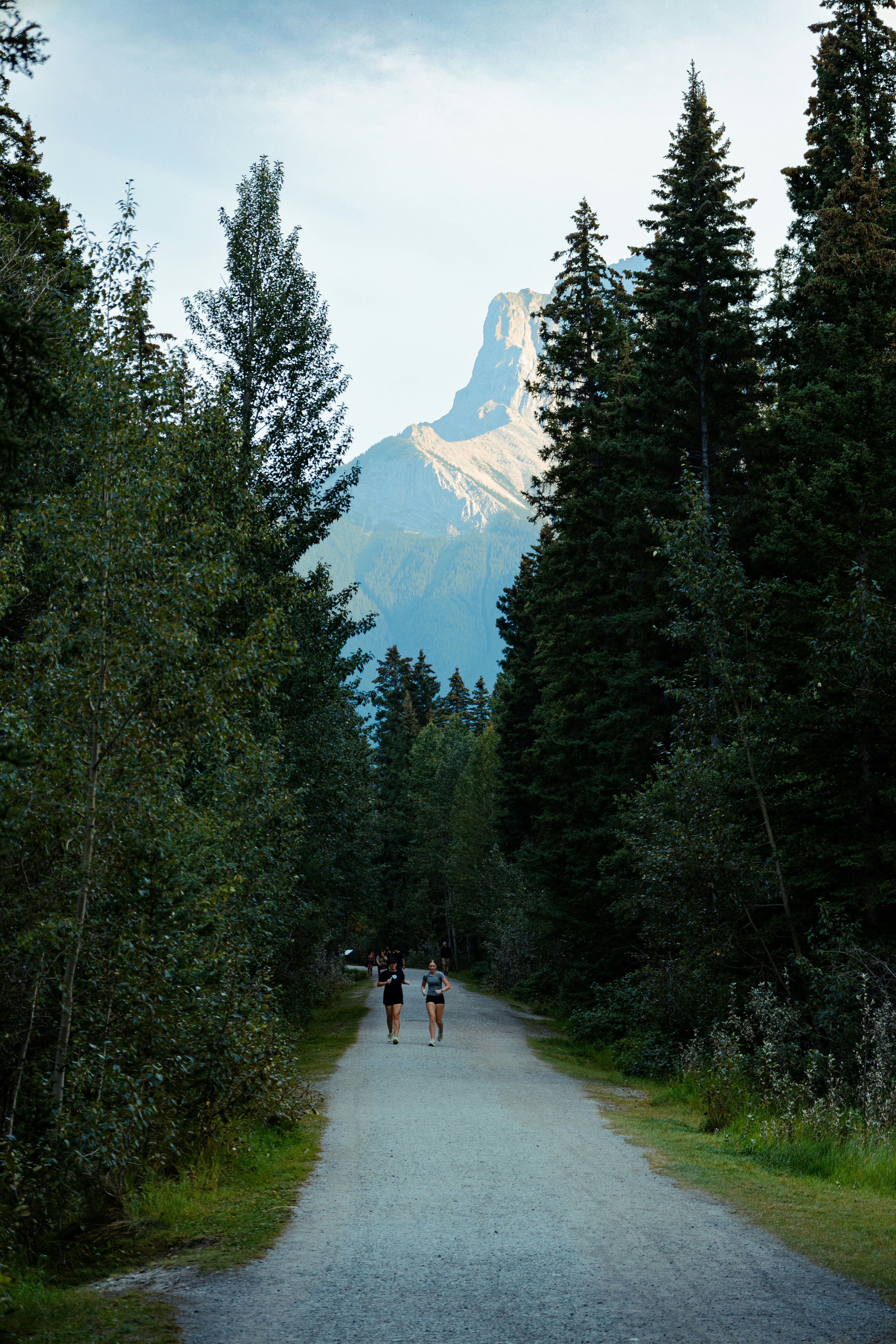 Two people walk on a path toward a mountain.