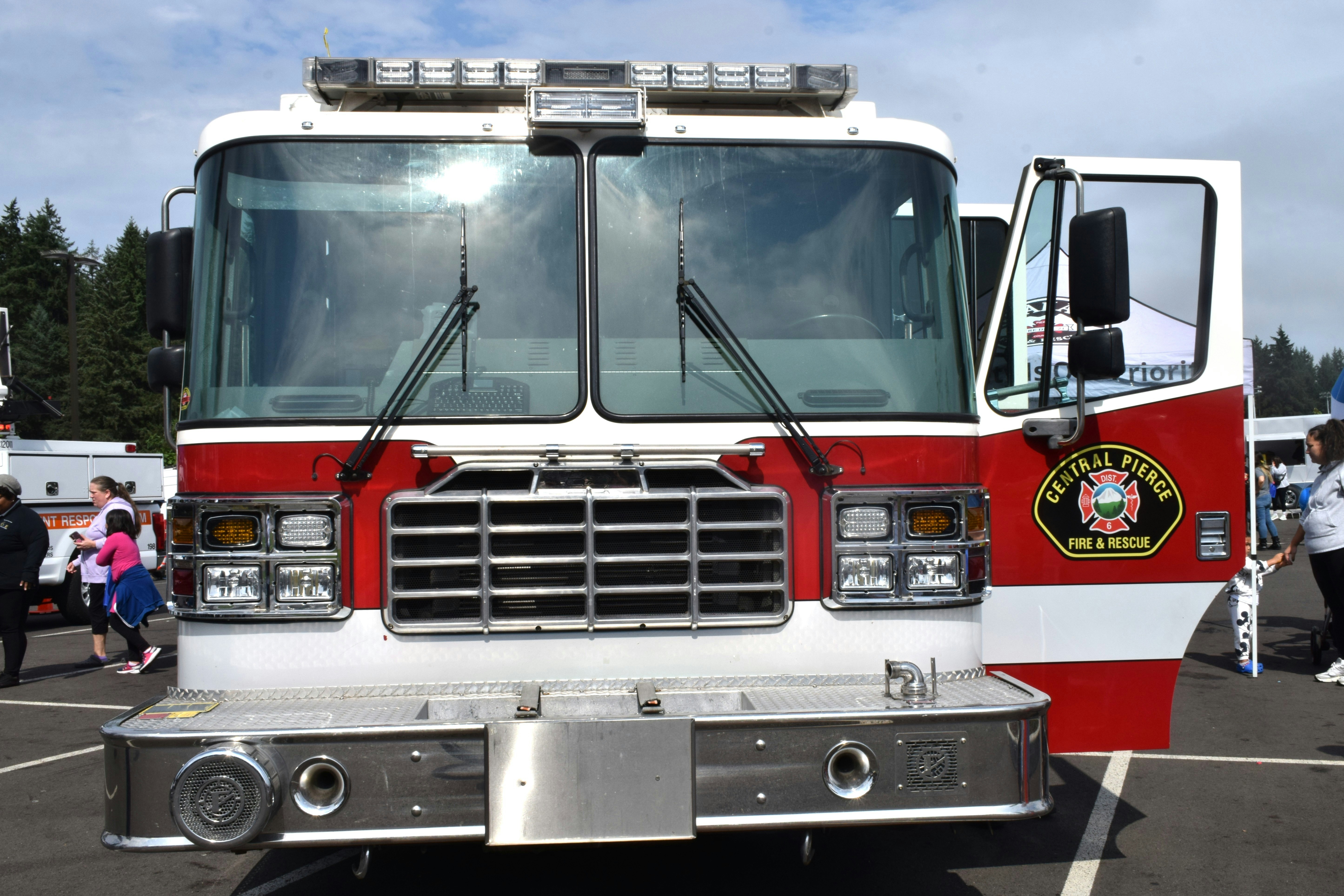 Front view of a red and white fire truck