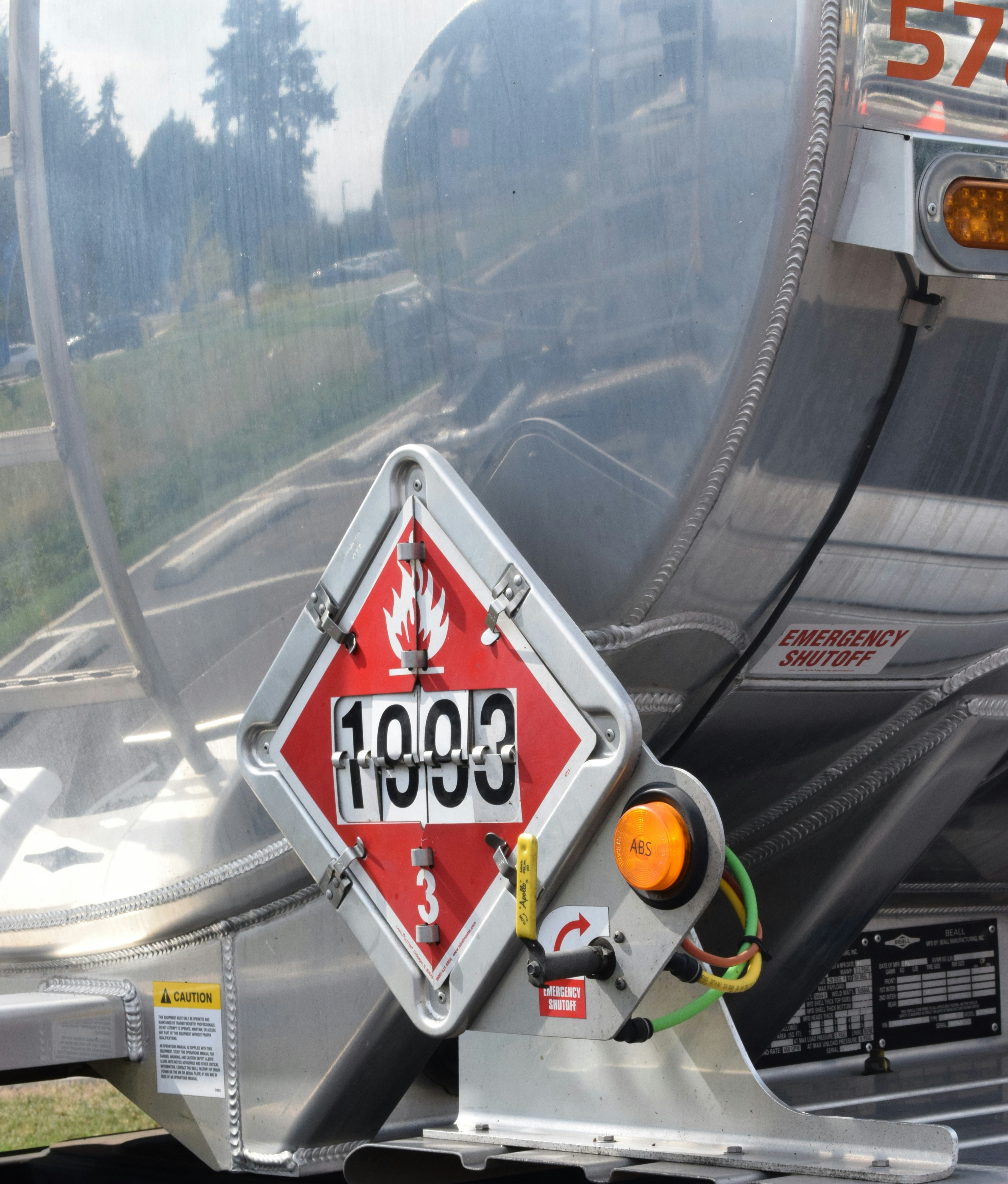 Hazard placard on a tanker truck