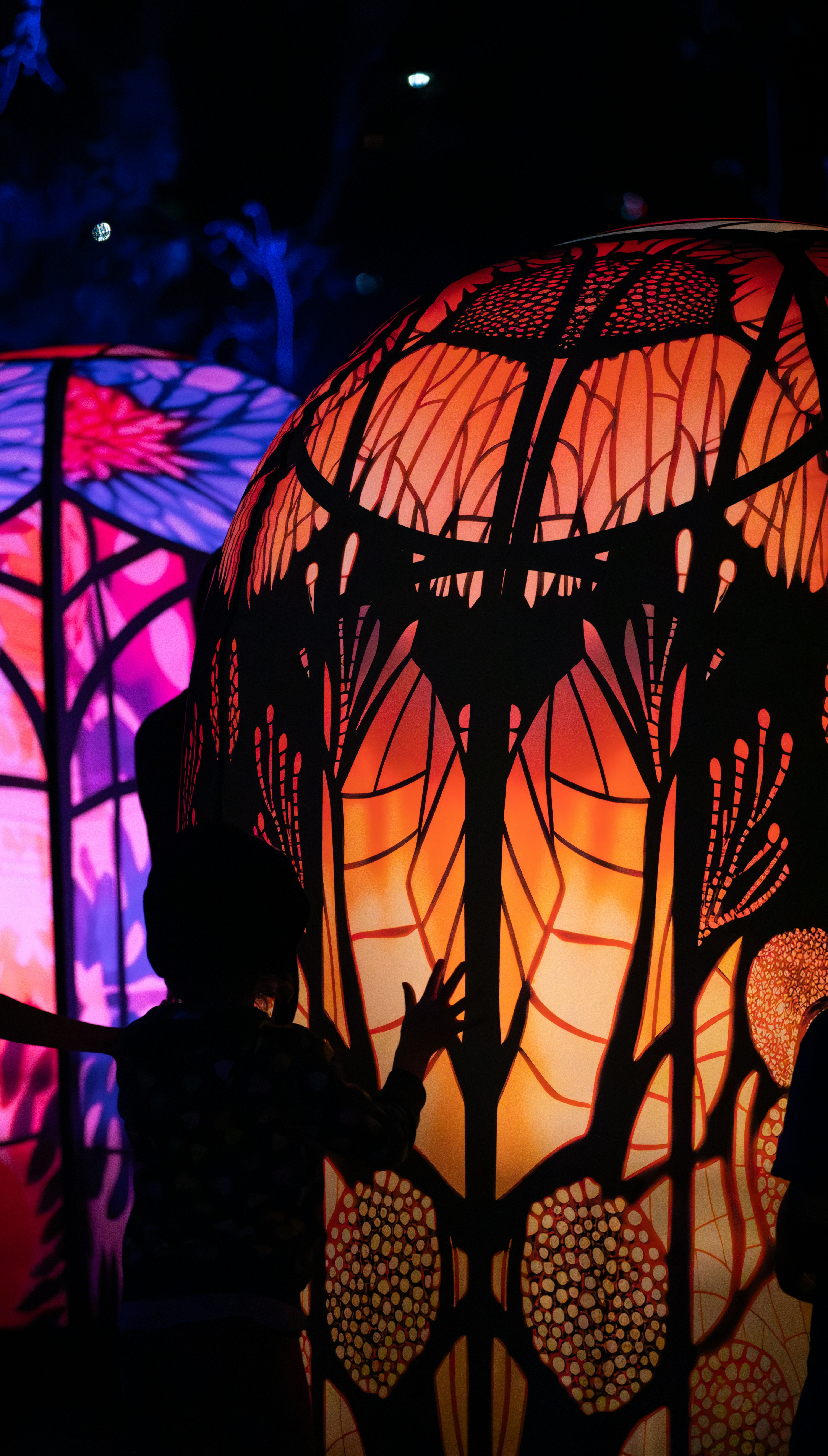 Silhouettes of people interacting with illuminated lanterns