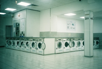 Row of washing machines in a laundromat