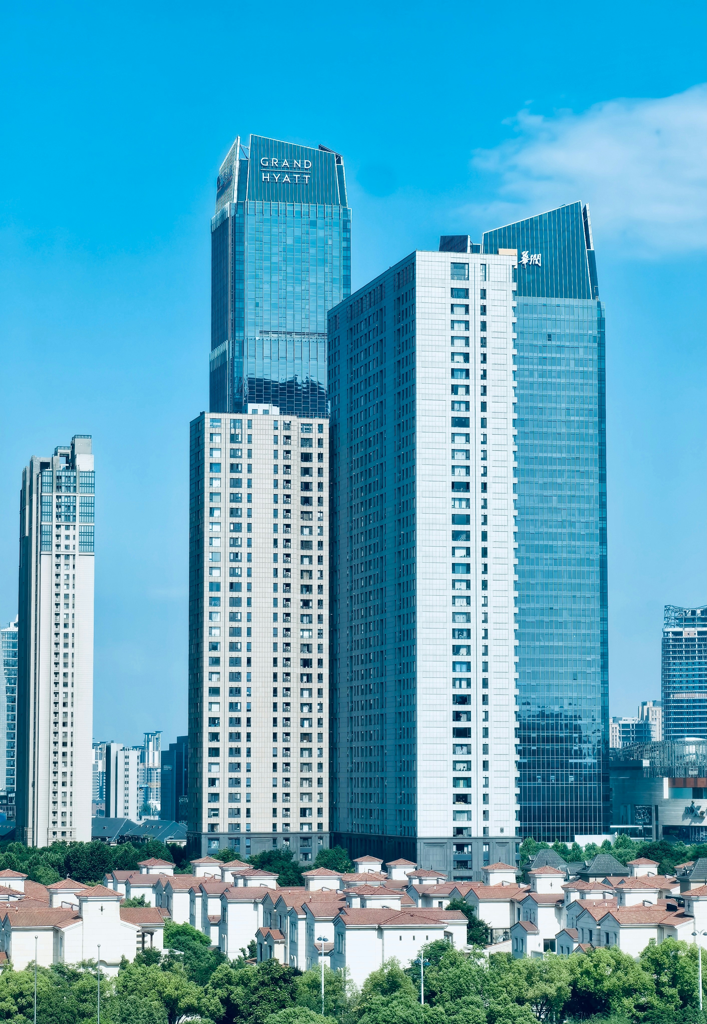 Modern skyscrapers rise above suburban homes under a clear blue sky.