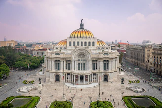 Grand ornate building with golden dome and city background
