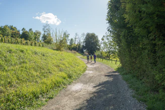 Three people walk on a gravel path through fields