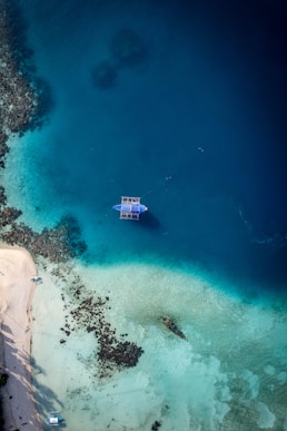 Aerial view of a boat near a tropical island shore.