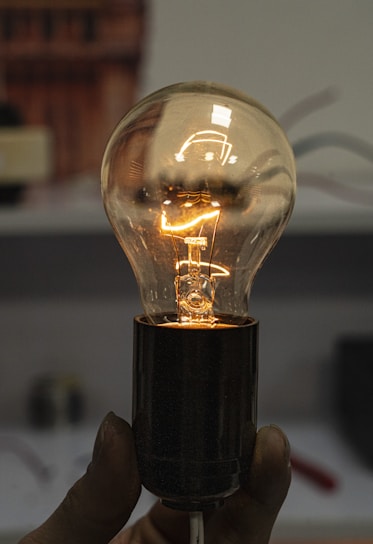 A hand holds a glowing incandescent light bulb.