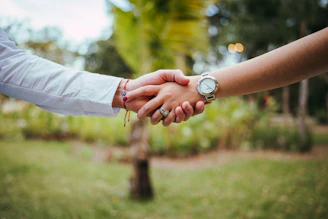 Two people shaking hands outdoors with a blurred background