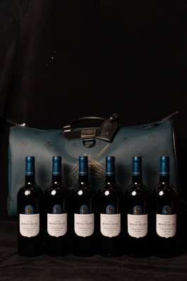 Six bottles of wine stand before a teal patterned duffel bag.