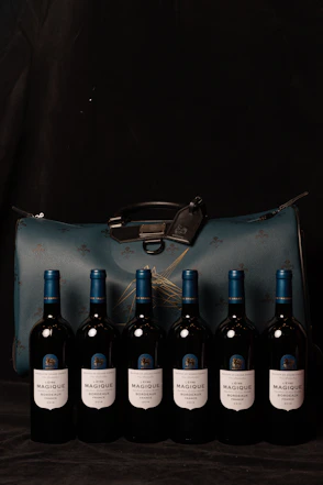 Six bottles of wine stand before a teal patterned duffel bag.