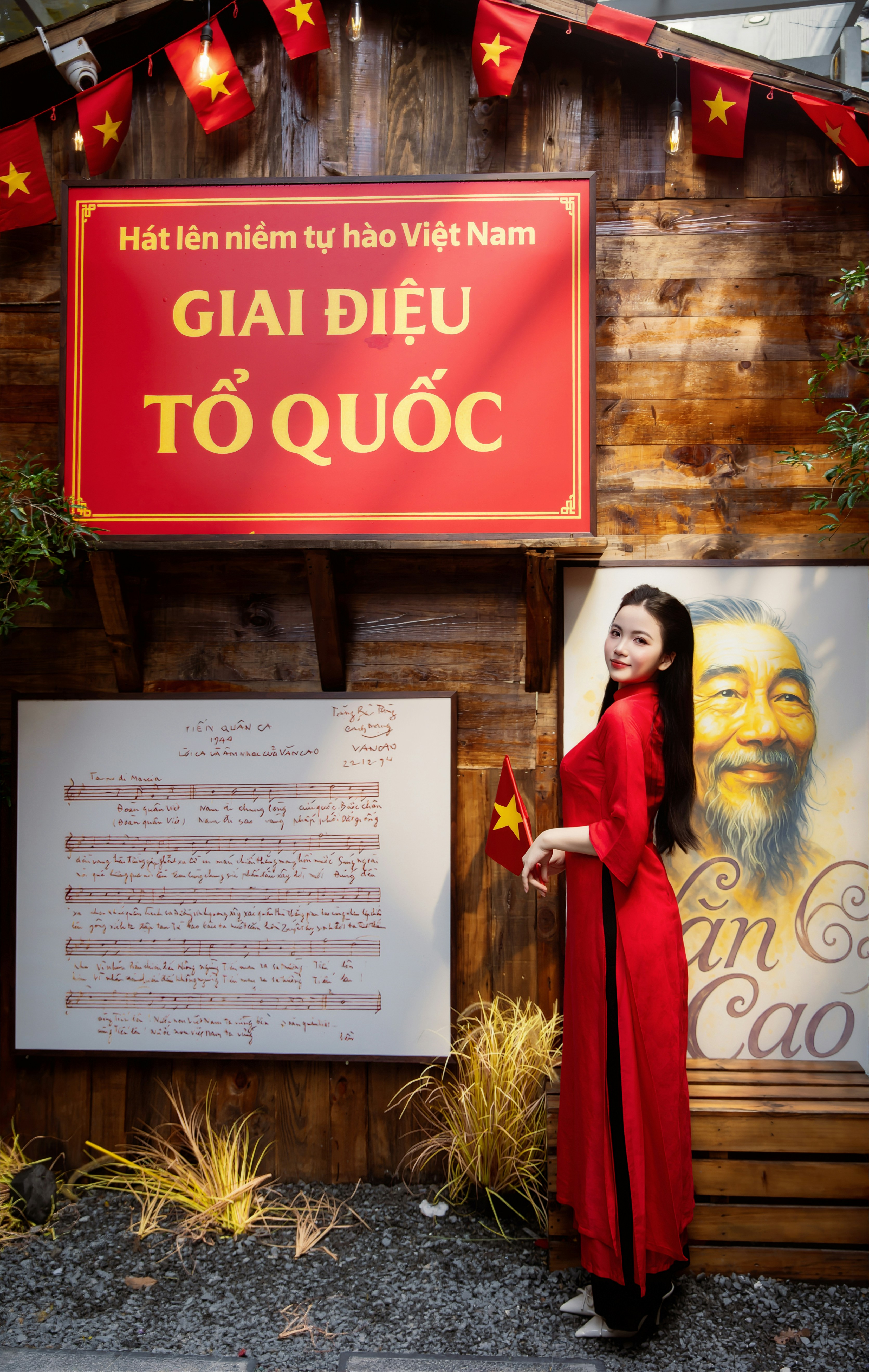 Woman in red dress stands near vietnamese patriotic display.