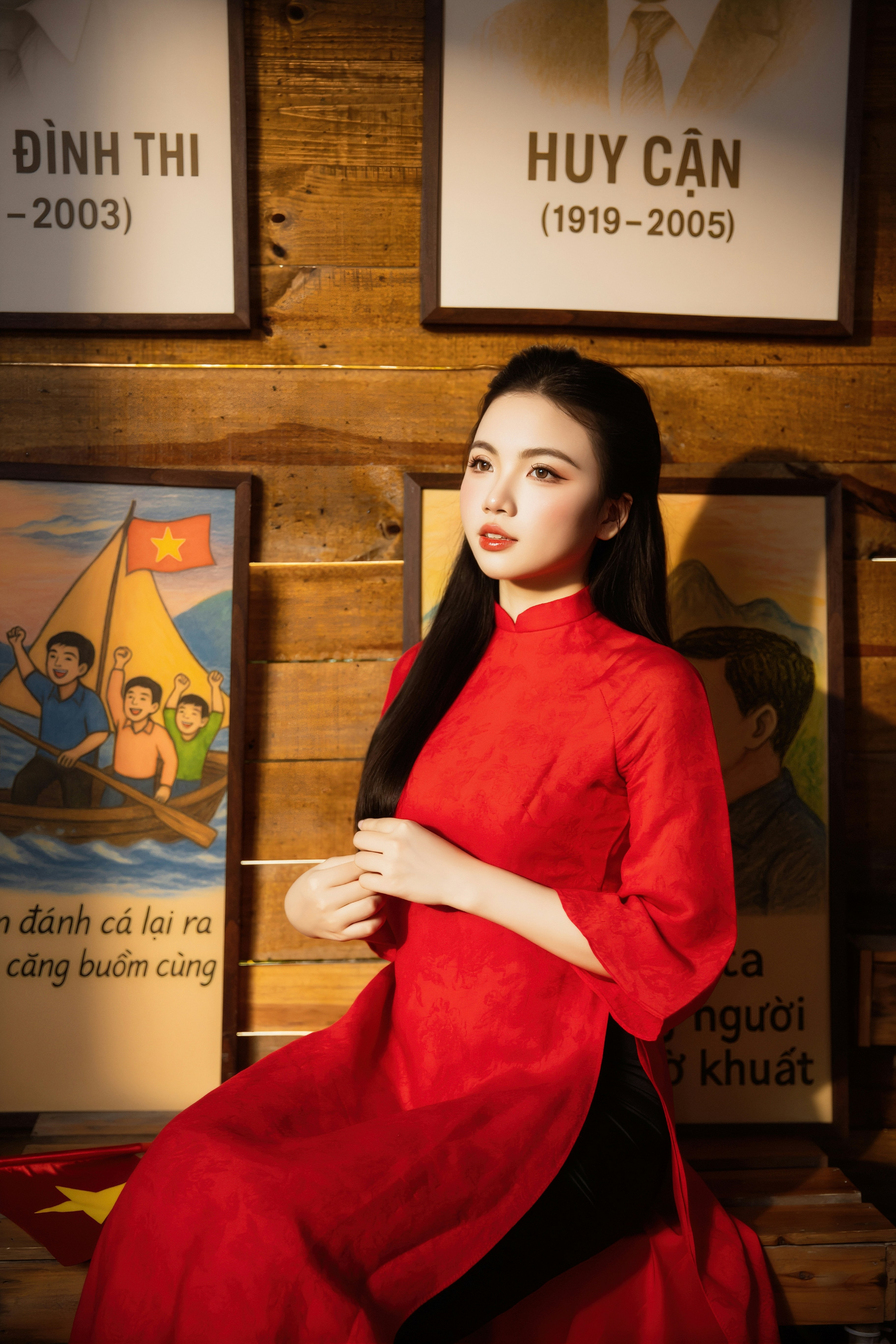 A woman in a red traditional dress